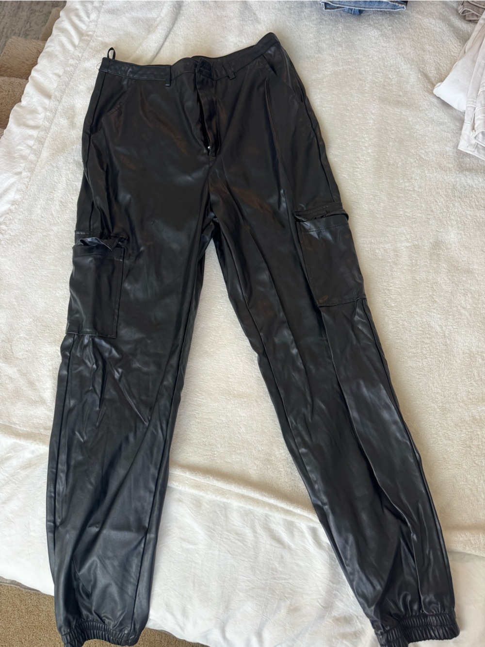 Black Faux Leather Cargo Jogger Pants